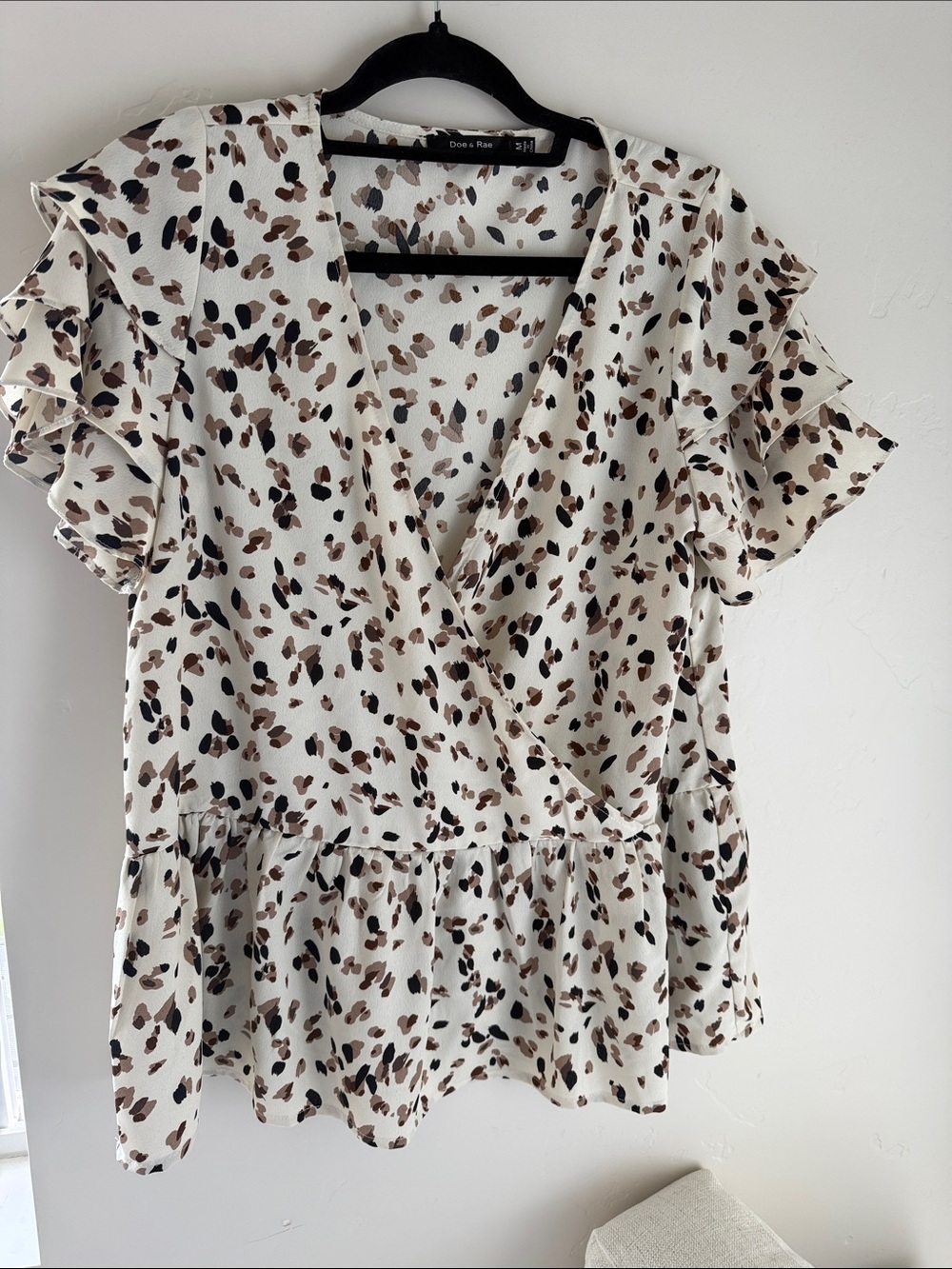 Doe & Rae Cream Leopard-Spot Ruffle Wrap Blouse